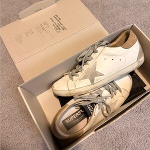 Golden Goose White and Tan Sneakers